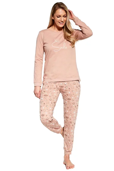 Béžové dámské pyžamo se vzorovanými kalhotami Cornette