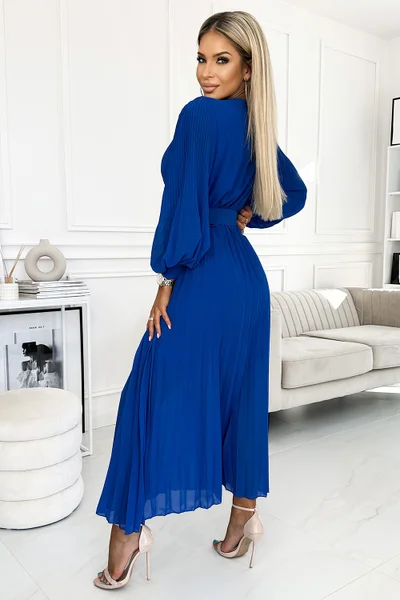 Elegantní královsky modré dámské dlouhé šaty s nabíranými rukávy Numoco