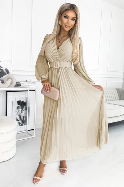 Elegantní béžové dlouhé šaty s plisovanou sukní Numoco