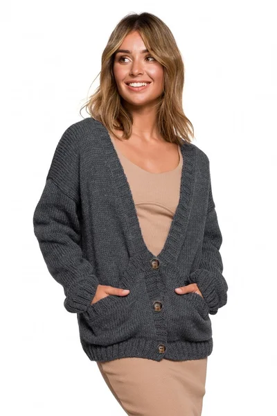 Antracitový pletený svetr s výstřihem do V BE