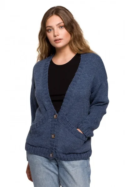 Modrý pletený svetr s výstřihem do V BE