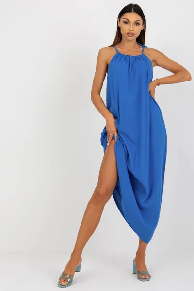 Pohodlné dámské maxi šaty na ramínka v modré barvě Och Bella