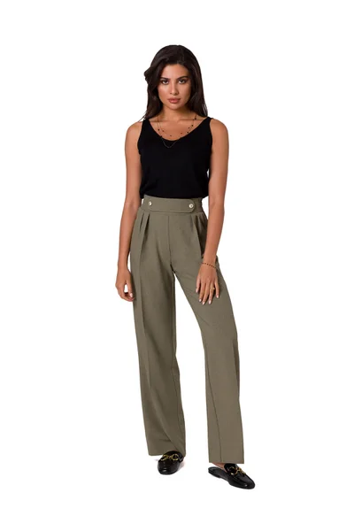 Khaki dámské široké kalhoty s vyšším pasem BeWear