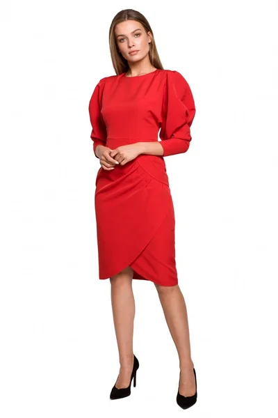 Červené přiléhavé šaty s nabíranými rukávy Style