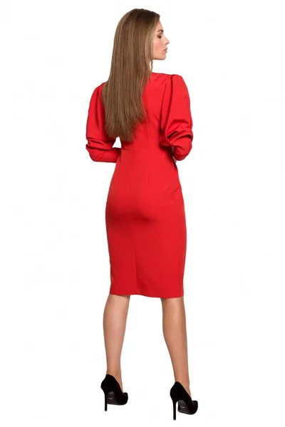 Červené přiléhavé šaty s nabíranými rukávy Style