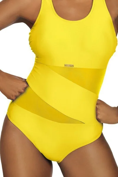 Žluté dámské jednodílné plavky s tylovými vsadkami Self