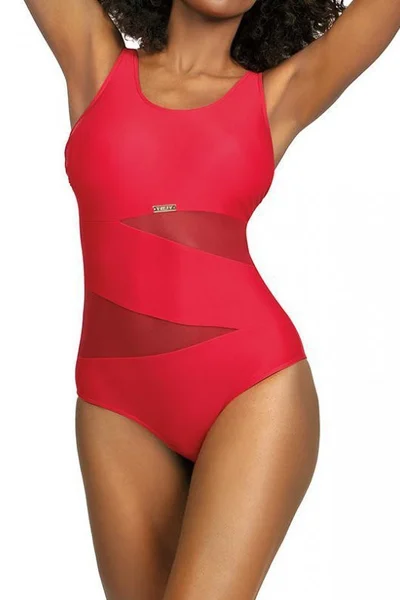 Červené jednodílné dámské plavky s tylovými vsadkami Self