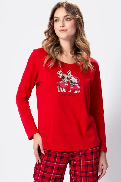 Červené dlouhé dámské pyžamo s vánočním motivem M-Max