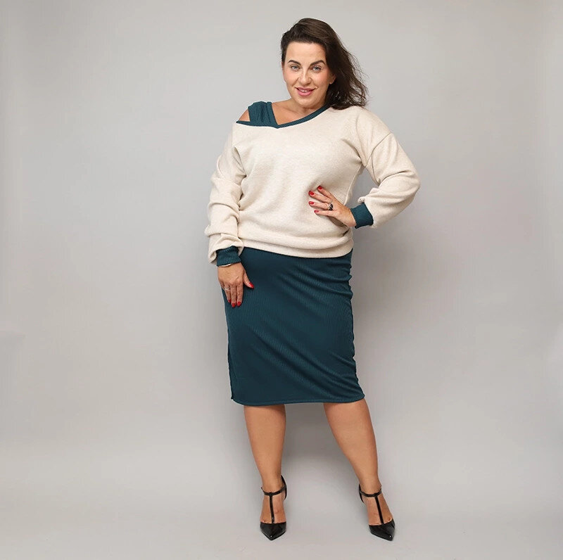 Dámský plus size komplet Moon úpletové šaty a blůza, odstíny zelené XXL (44) i392_23603-48