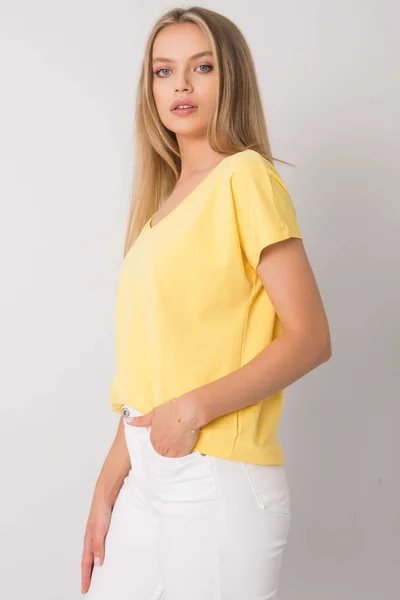 Dámské bavlněné triko s výstřihem do V žluté FPrice