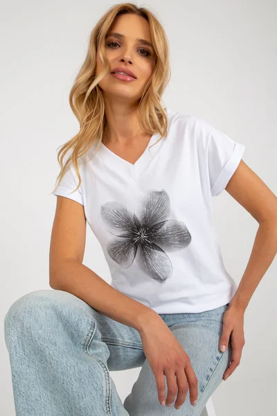 Dámské bílé tričko s černou květinou FPrice