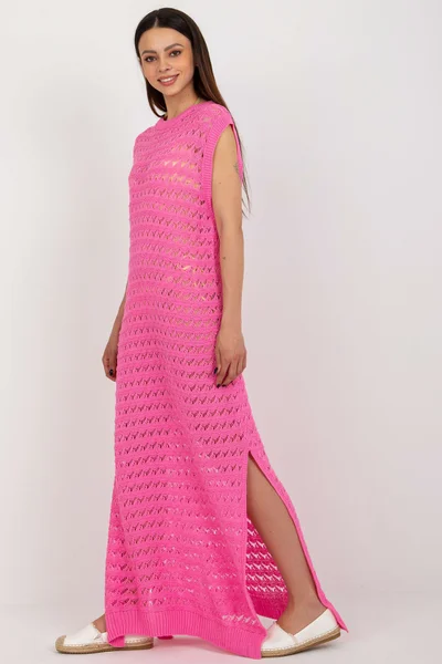 Růžové poloprůsvitné úpletové maxi šaty na plavky FPrice