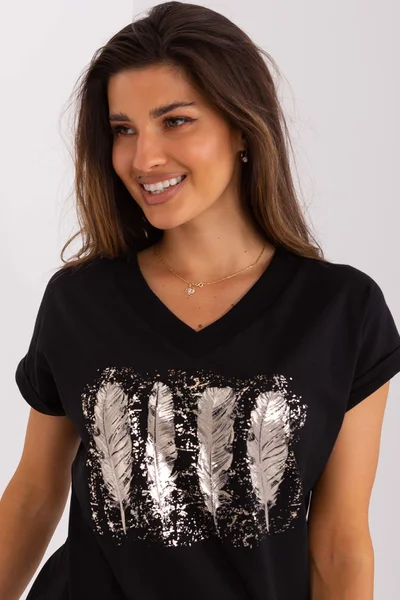 Dámské tričko V-neck rovný střih v černé barvě FPrice