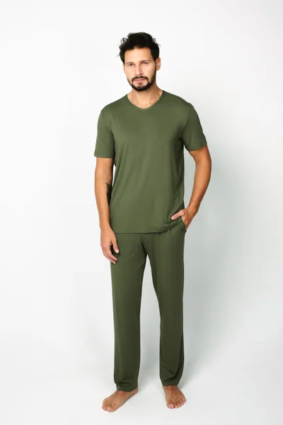 Khaki komfortní pánské dlouhé pyžamo Italian Fashion