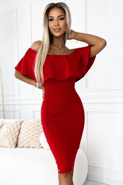 Luxusní červené dámské šaty s ozdobným volánkem Numoco