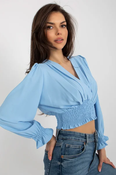 Světlě modrý dámský crop top s dlouhými rukávy FPrice