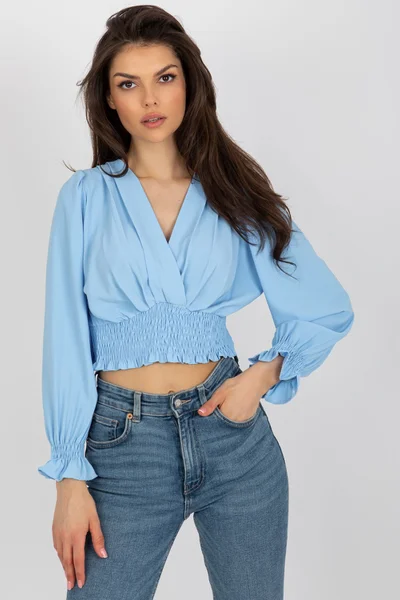 Světlě modrý dámský crop top s dlouhými rukávy FPrice