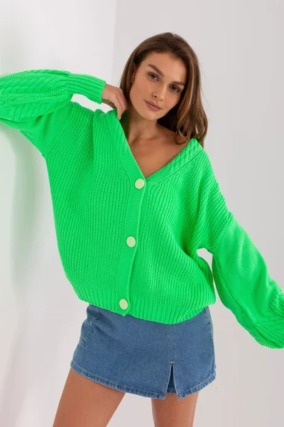 Neonově zelený dámský propínací svetr s balonovými rukávy s manžetou FPrice