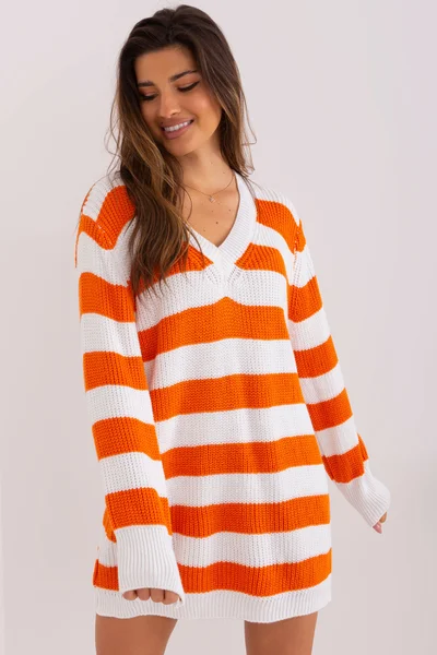 Oranžovo-bílý dámský oversize svetr FPrice