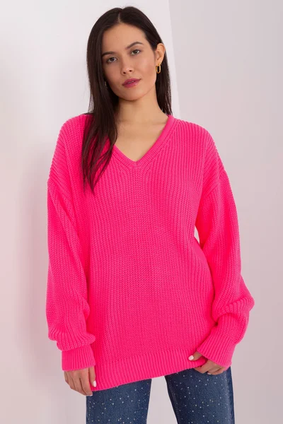 Oversize růžový dámský svetr V-neck FPrice