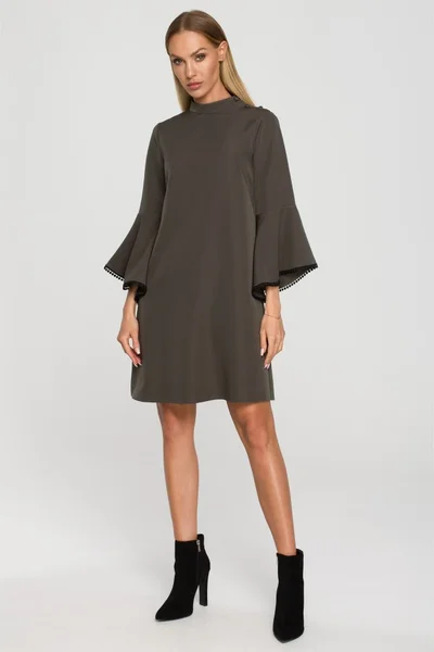 Elegantní khaki šaty s rozšířenými rukávy Moe