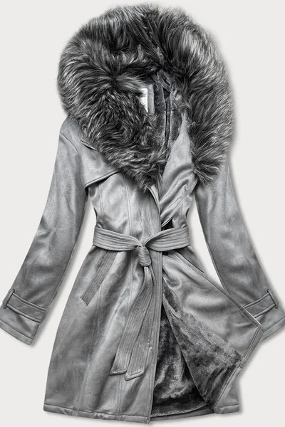Elegantní šedý dámský kabát s kožešinovým límcem Libland