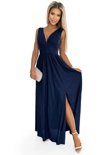 Večerní tmavě modré dámské šaty s rozparkem Numoco