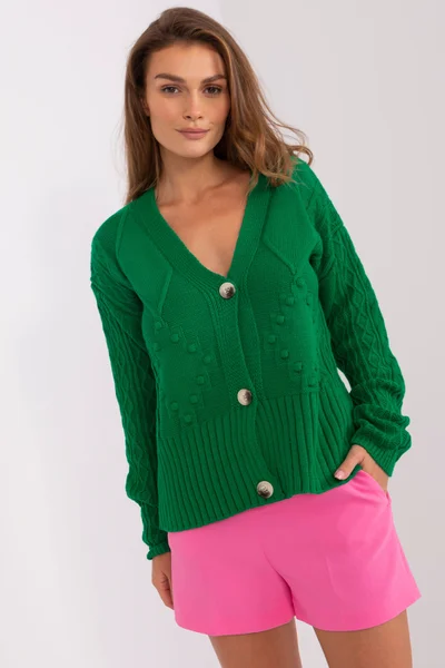 Zelený dámský propínací V-neck svetřík FPrice