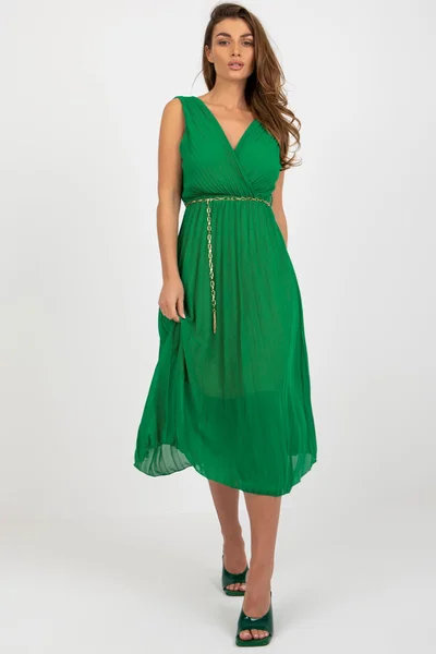 Lehké letní midi šaty V-neck FPrice zelené