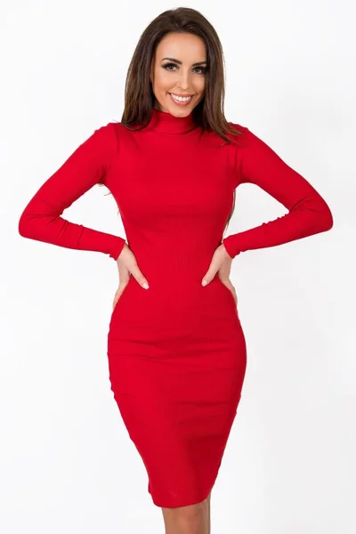 Červené upnuté rolákové šaty s dlouhým rukávem Rue Paris
