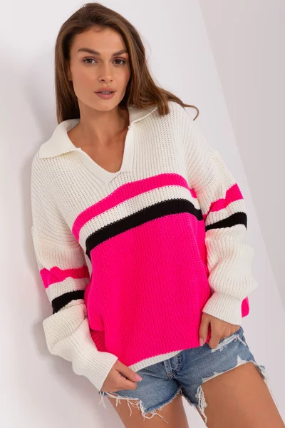 Dámský růžovo-bílý svetr V-neck s límečkem FPrice