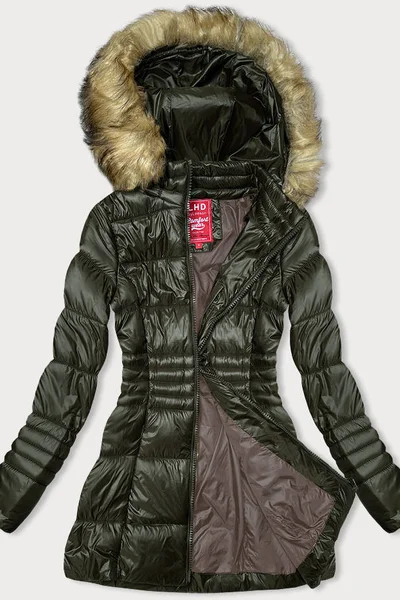 Khaki dámský prošívaný kabát s kapucí s kožíškem LHD