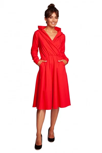 Červené šaty s bočními kapsami a dlouhými rukávy BE