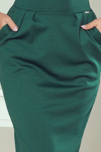 SARA - Dámské midi dámské šaty v lahvově zelené barvě se zvýšeným pasem OV502 Numoco
