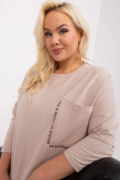 Plus size dámské béžové tričko s 3/4 rukávem FPrice