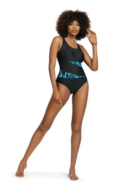 Jednodílné černé dámské sportovní plavky s barevnými průstřihy Self