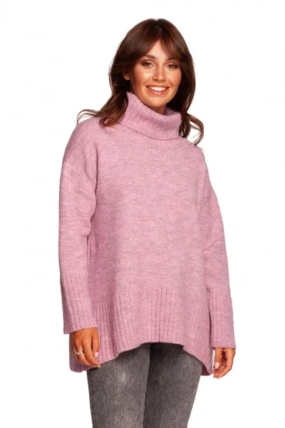 Dámský pudrový hřejivý svetr s vysokým límcem BE