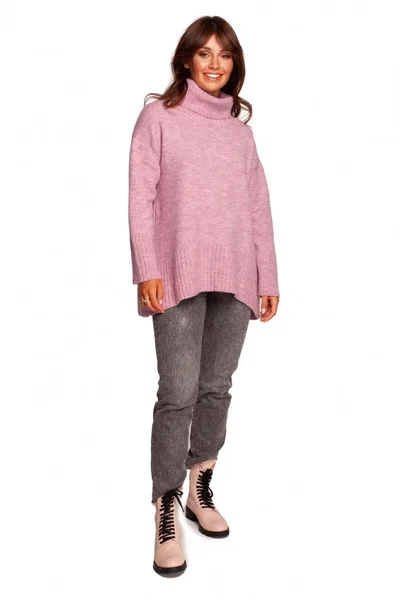 Dámský pudrový hřejivý svetr s vysokým límcem BE