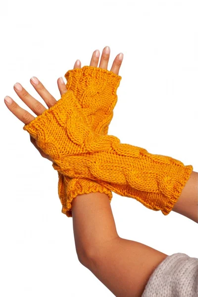 Dámské pletené dlouhé rukavice bez prstů v okrové barvě BE