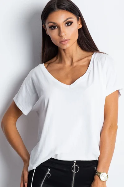 Bílé bavlněné tričko s výstřihem do V FPrice