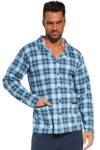 Pánské bavlněné pyžamo s modrou propínací košilí Cornette