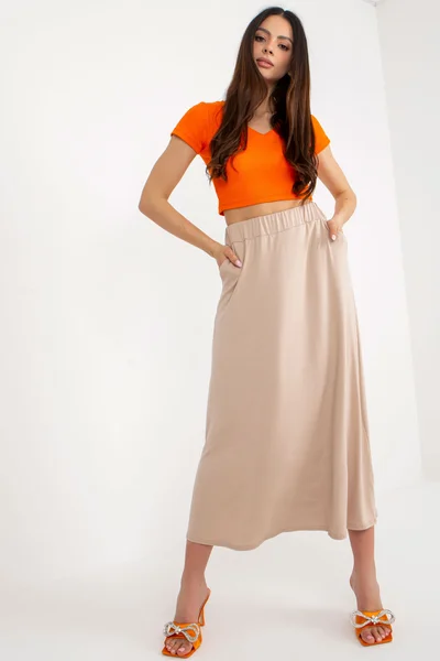 Midi vzdušná béžová sukně s vysokým pasem FPrice