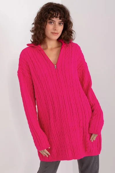 Tmavě růžový dámský dlouhý svetr na zip FPrice