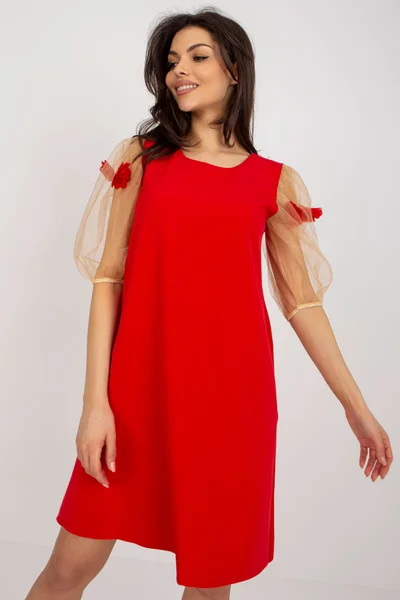 Netradiční dámské červené mini šaty s průhlednými nabíranými rukávy FPrice