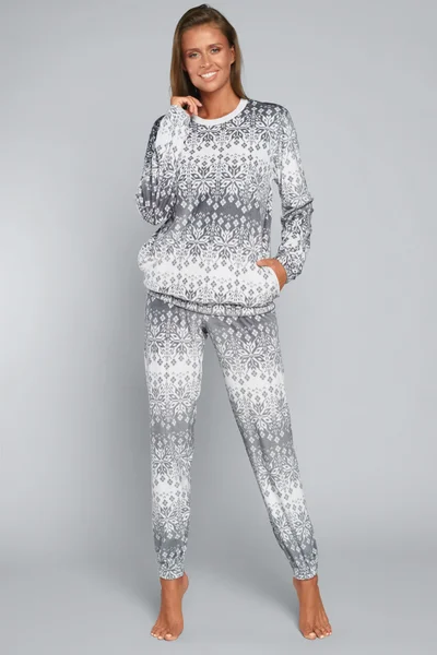 Bílo-šedé hřejivé dámské pyžamo se zimním motivem Italian Fashion