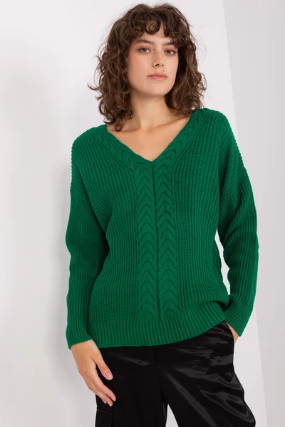 Zelený dámský V-neck pulovr FPrice rovný střih