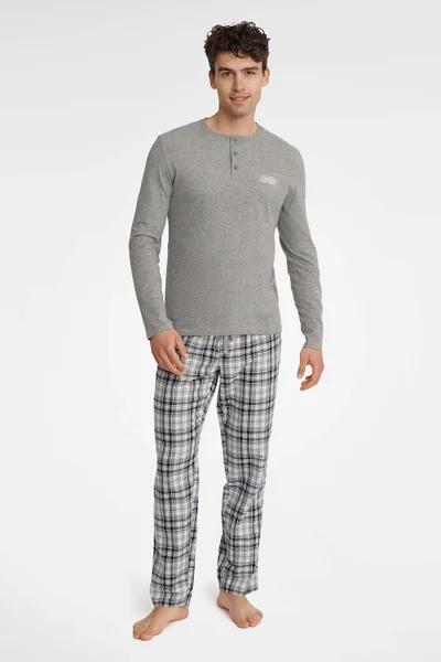 Dlouhé pánské pyžamo v šedé barvě s kostkovanými kalhotami Henderson
