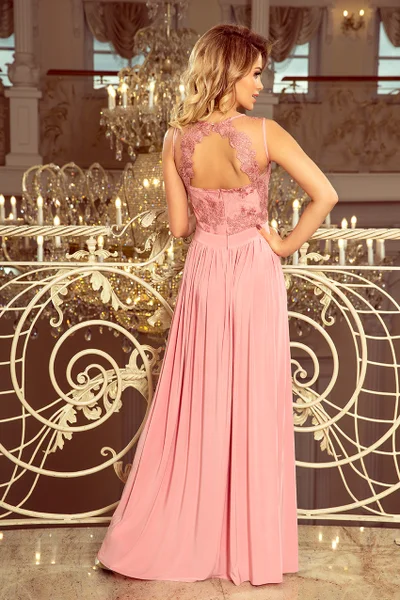 Pudrově růžové dlouhé společenské šaty Numoco 215-3