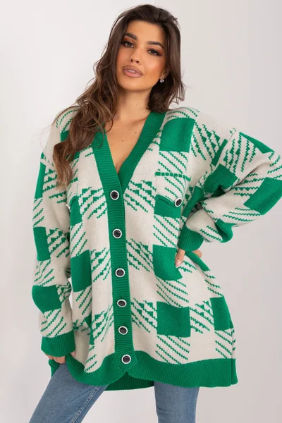 Zeleno-bílý dámský maxi kostkovaný svetr FPrice