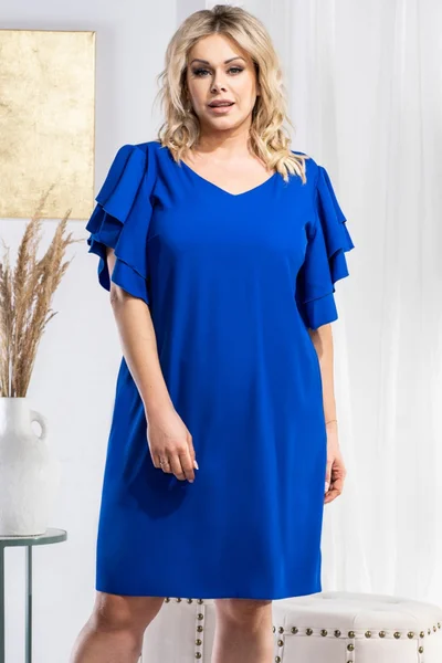 Královsky modré dámské plus size šaty s volánky na rukávech Karko